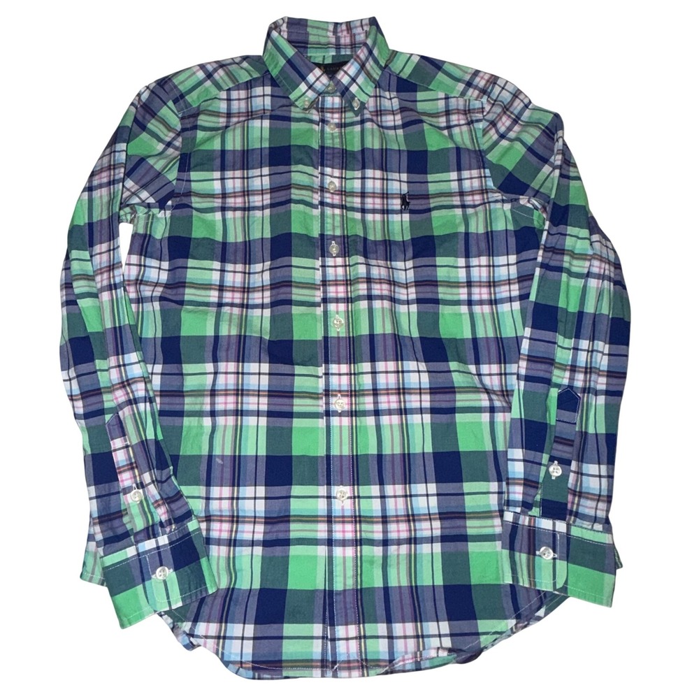 Ralph Lauren Shirt Boys L 14-16 Green Plaid Button Down Natural Stretch Preppy